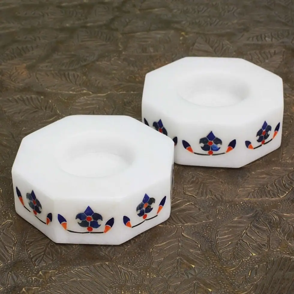 Octagon Marble Tealight Holders with Blue Buds Pair 'Floral Alliance in Blue'