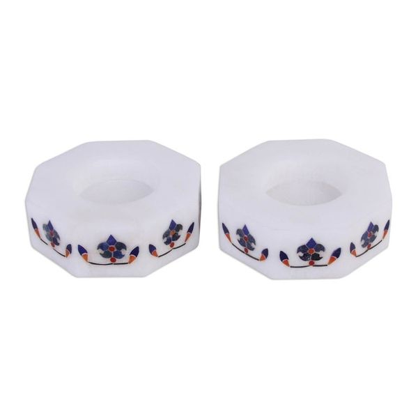 Alternate image for Octagon Marble Tealight Holders with Blue Buds Pair Floral Alliance in Blue