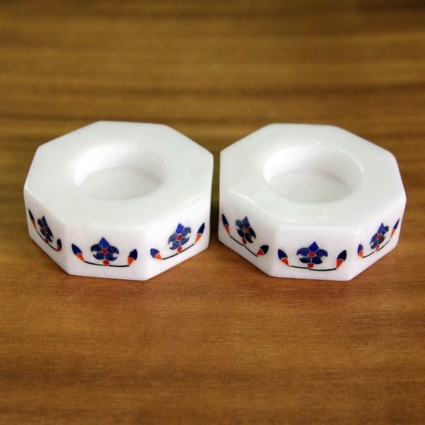 Alternate image for Octagon Marble Tealight Holders with Blue Buds Pair Floral Alliance in Blue