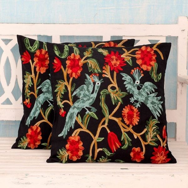Alternate image for 2 Black Cotton Chainstitch Embroidery Floral Cushion Covers Blue Cockatoos