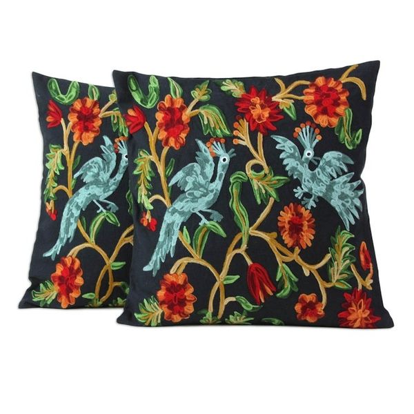 Alternate image for 2 Black Cotton Chainstitch Embroidery Floral Cushion Covers Blue Cockatoos