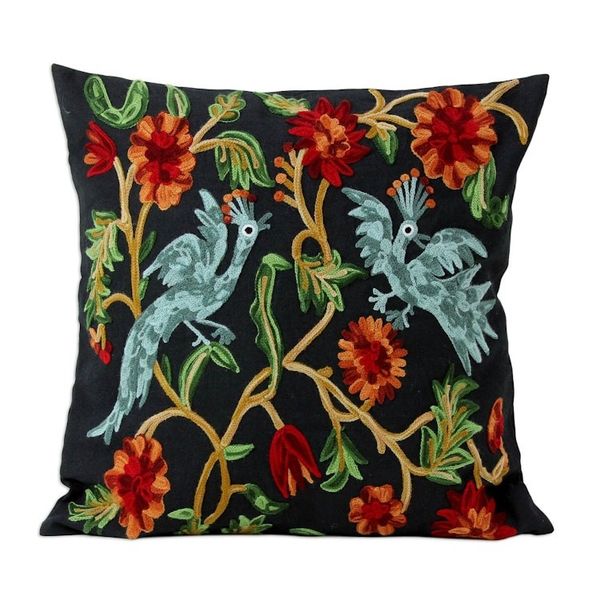 Alternate image for 2 Black Cotton Chainstitch Embroidery Floral Cushion Covers Blue Cockatoos