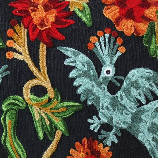Alternate image for 2 Black Cotton Chainstitch Embroidery Floral Cushion Covers Blue Cockatoos
