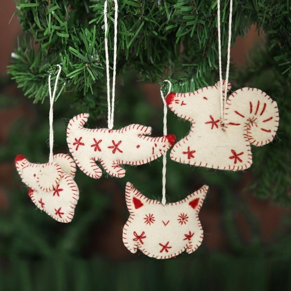Ivory and Red Wool Felt Animal Ornaments Set of 4 'Unity'