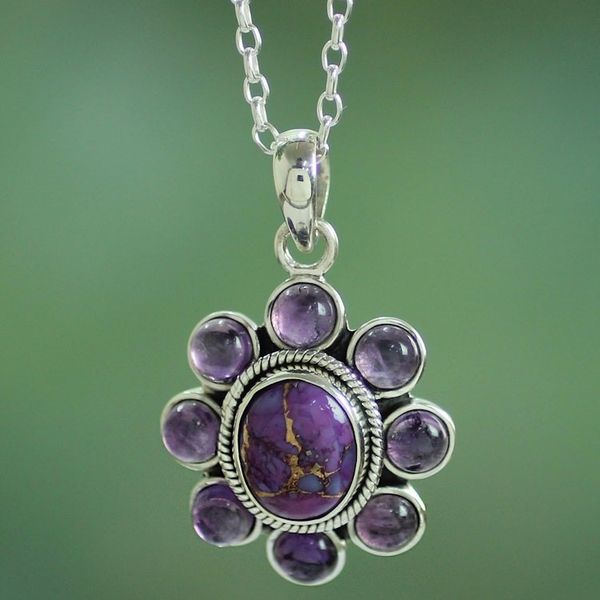 Alternate image for Composite Turquoise Artisan Crafted Necklace with Amethyst Deep Purple Blossom