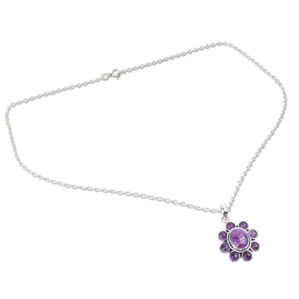 Alternate image for Composite Turquoise Artisan Crafted Necklace with Amethyst Deep Purple Blossom