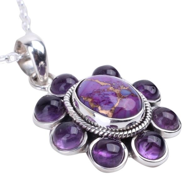 Alternate image for Composite Turquoise Artisan Crafted Necklace with Amethyst Deep Purple Blossom