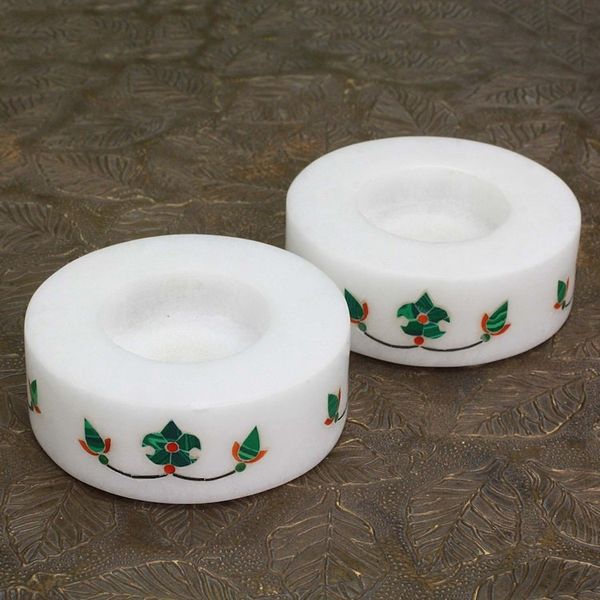Alternate image for Round Marble Tealight Holder with Green Blooming Buds Pair Floral Symmetry in Green