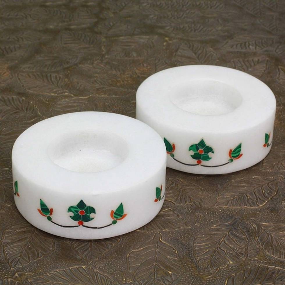 Round Marble Tealight Holder with Green Blooming Buds Pair 'Floral Symmetry in Green'