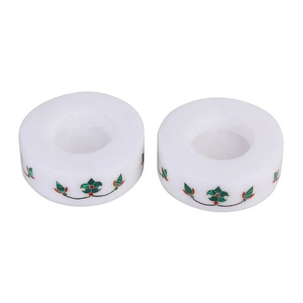 Alternate image for Round Marble Tealight Holder with Green Blooming Buds Pair Floral Symmetry in Green