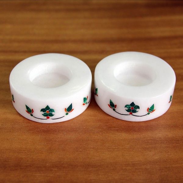 Alternate image for Round Marble Tealight Holder with Green Blooming Buds Pair Floral Symmetry in Green