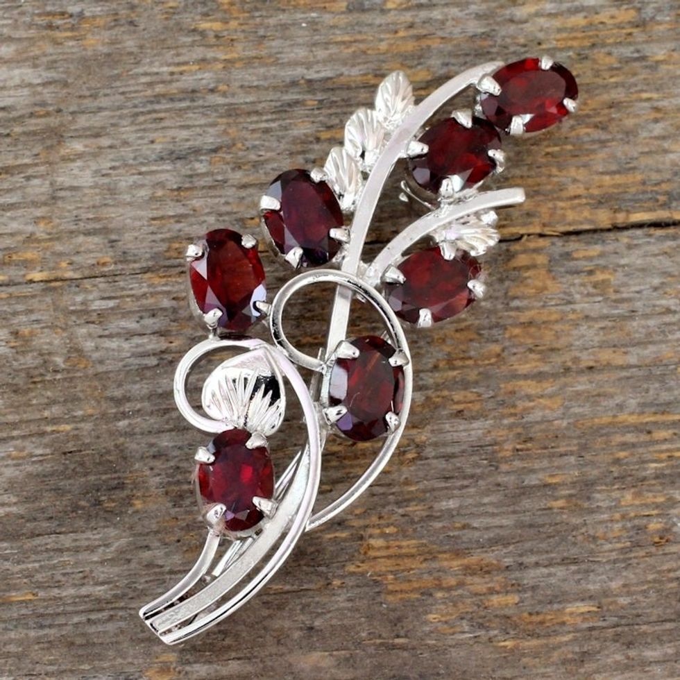 Garnet and Sterling Silver Floral Brooch Pin from India 'Floral Passion'