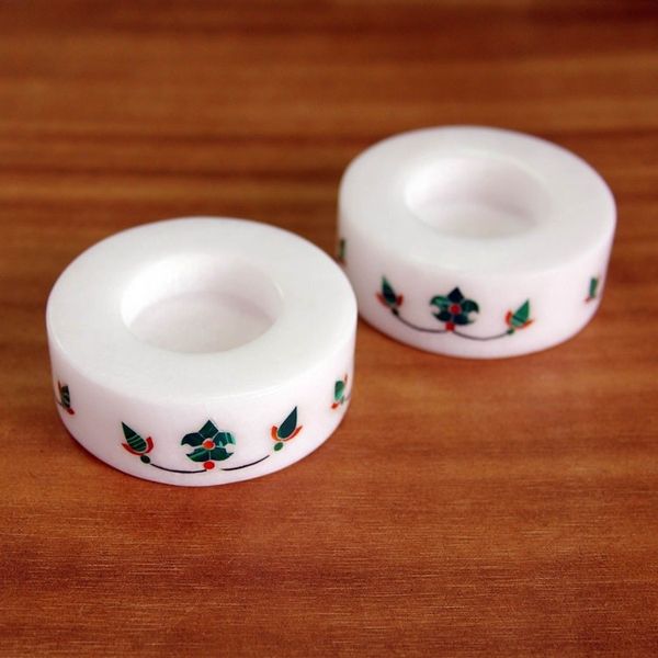 Alternate image for Round Marble Tealight Holder with Green Blooming Buds Pair Floral Symmetry in Green