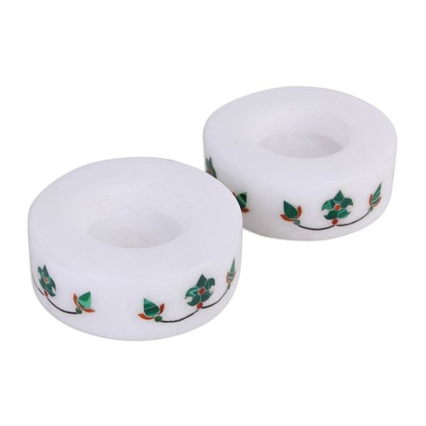 Alternate image for Round Marble Tealight Holder with Green Blooming Buds Pair Floral Symmetry in Green