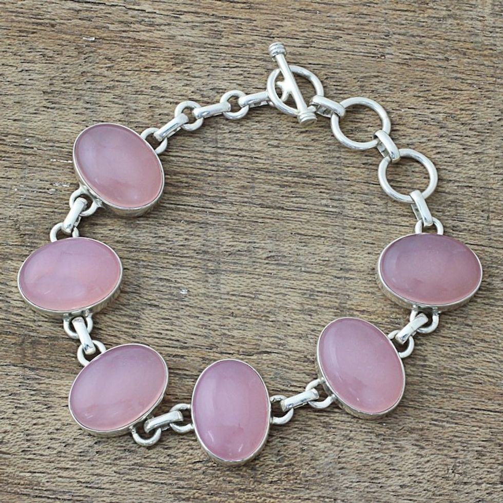 Hand Made Chalcedony Sterling Silver Link Bracelet India 'Pink Adoration'