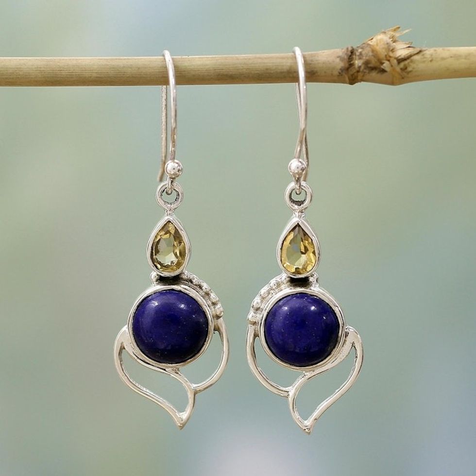 Citrine and Lapis Lazuli Dangle Earrings from India 'Starry Crest'