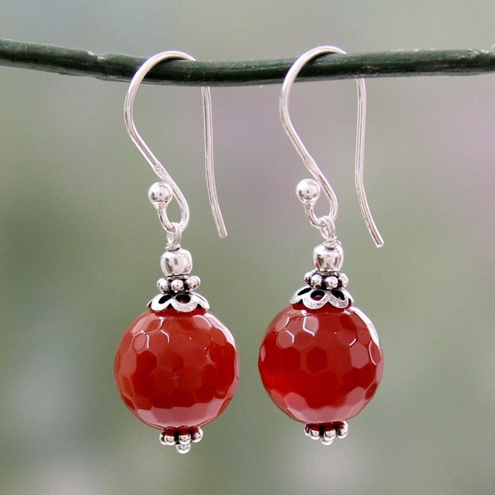 Artisan Crafted Red Agate and Sterling Silver Hook Earrings 'Glorious Crimson'