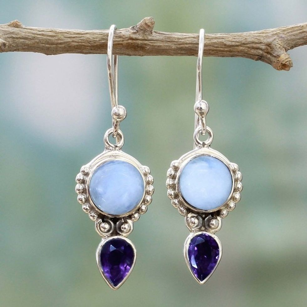 Amethyst Rainbow Moonstone Dangle Earrings from India 'Indian Rain'