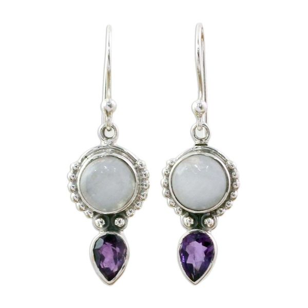 Alternate image for Amethyst Rainbow Moonstone Dangle Earrings from India Indian Rain