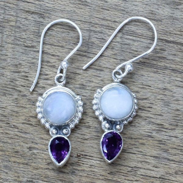 Alternate image for Amethyst Rainbow Moonstone Dangle Earrings from India Indian Rain