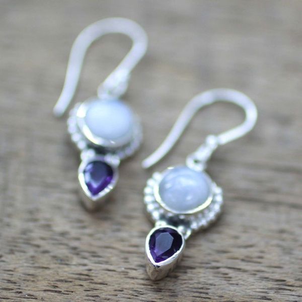 Alternate image for Amethyst Rainbow Moonstone Dangle Earrings from India Indian Rain