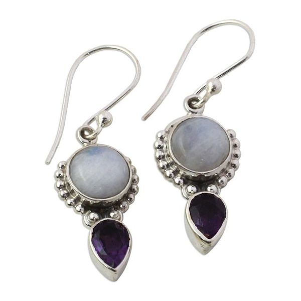 Alternate image for Amethyst Rainbow Moonstone Dangle Earrings from India Indian Rain
