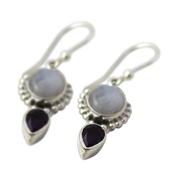 Alternate image for Amethyst Rainbow Moonstone Dangle Earrings from India Indian Rain