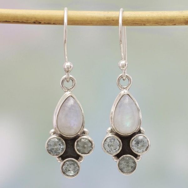 Alternate image for Blue Topaz and Rainbow Moonstone Dangle Earrings from India Enthralling Sky in Blue