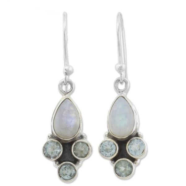 Alternate image for Blue Topaz and Rainbow Moonstone Dangle Earrings from India Enthralling Sky in Blue