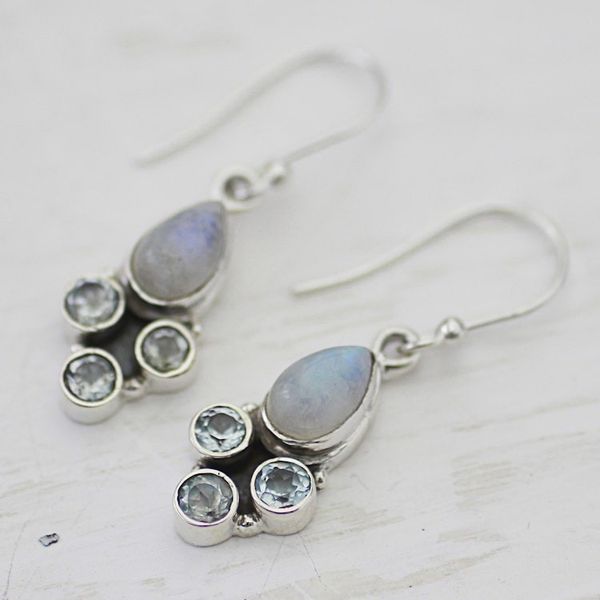 Alternate image for Blue Topaz and Rainbow Moonstone Dangle Earrings from India Enthralling Sky in Blue