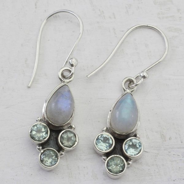 Alternate image for Blue Topaz and Rainbow Moonstone Dangle Earrings from India Enthralling Sky in Blue