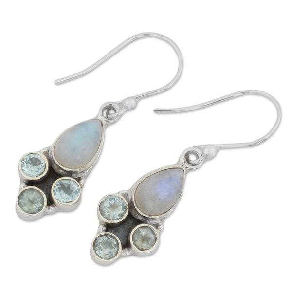 Alternate image for Blue Topaz and Rainbow Moonstone Dangle Earrings from India Enthralling Sky in Blue