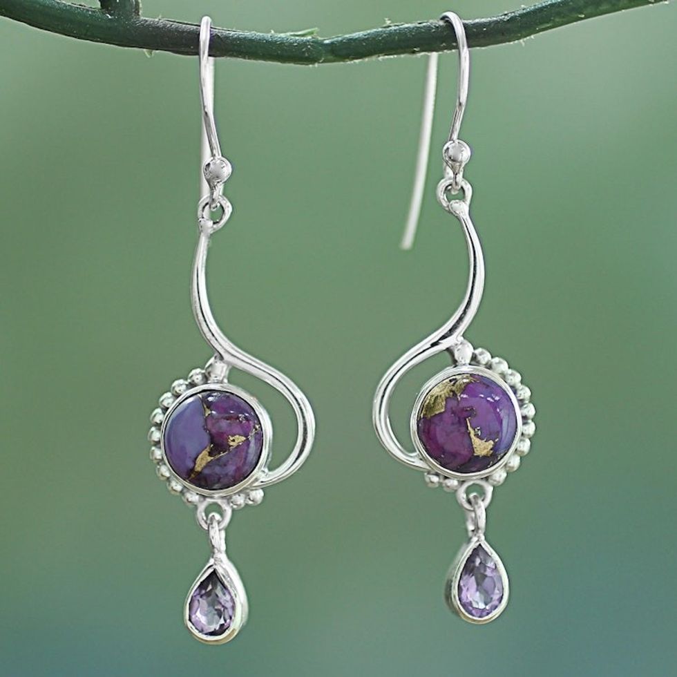 Indian Composite Turquoise Sterling Silver Dangle Earrings 'Sunny Lilac'