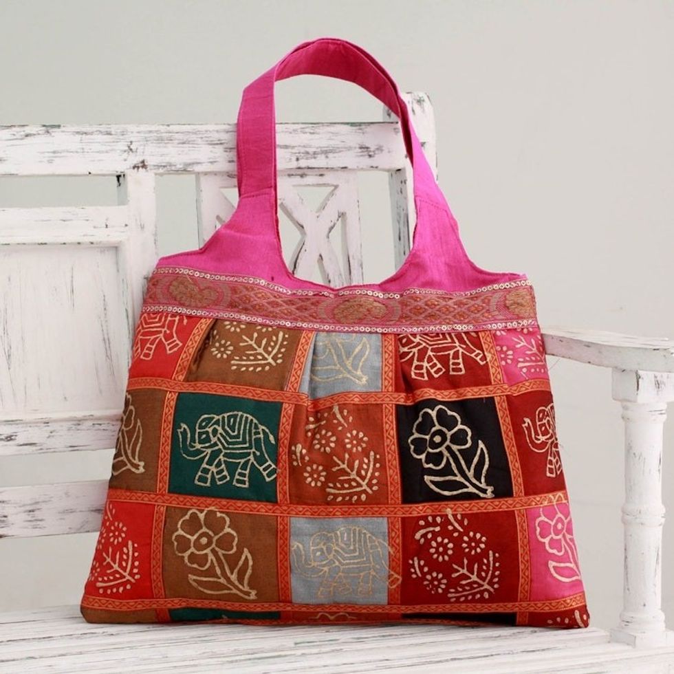 Hot Pink Tote Handbag with Golden Block Prints 'Fuchsia in Kutch'