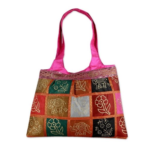 Alternate image for Hot Pink Tote Handbag with Golden Block Prints Fuchsia in Kutch