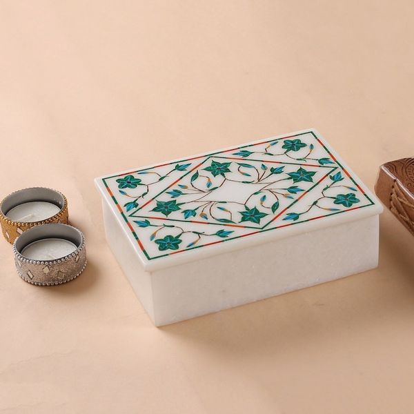 Alternate image for Handcrafted Marble Inlay Jewelry Box Mughal Ivy