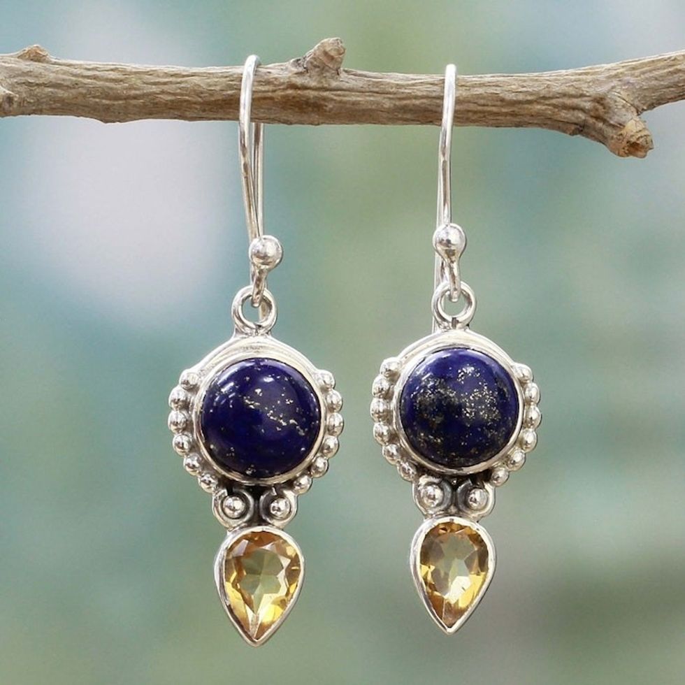 Handmade Citrine Lapis Lazuli Dangle Earrings from India 'Indian Dew'