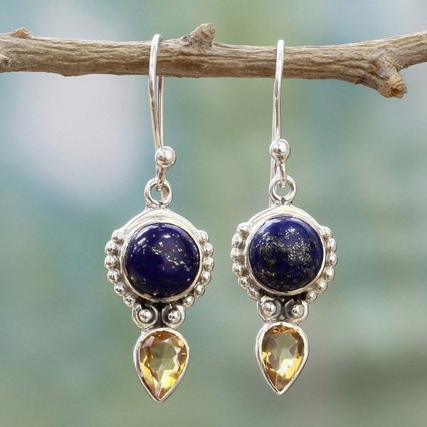 Alternate image for Handmade Citrine Lapis Lazuli Dangle Earrings from India Indian Dew