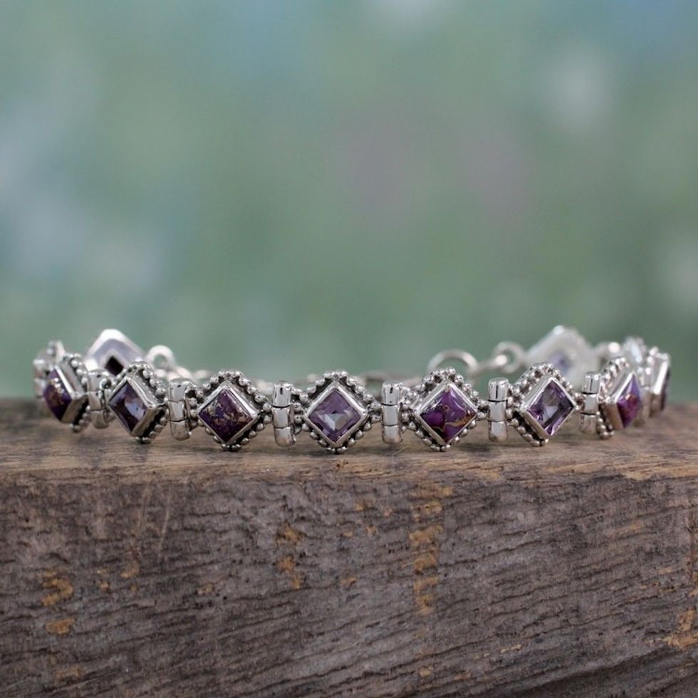 India Sterling Silver Tennis Bracelet Amethyst and Turquoise 'Bollywood Lilac'