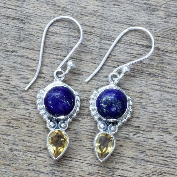 Alternate image for Handmade Citrine Lapis Lazuli Dangle Earrings from India Indian Dew