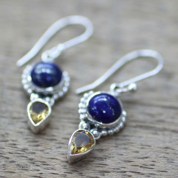 Alternate image for Handmade Citrine Lapis Lazuli Dangle Earrings from India Indian Dew