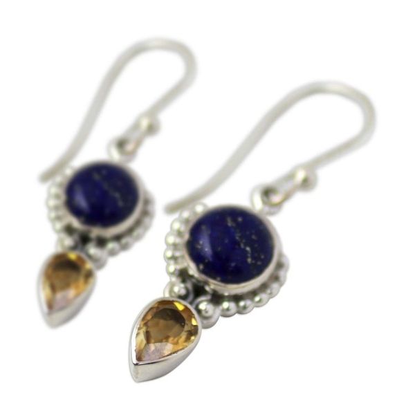 Alternate image for Handmade Citrine Lapis Lazuli Dangle Earrings from India Indian Dew