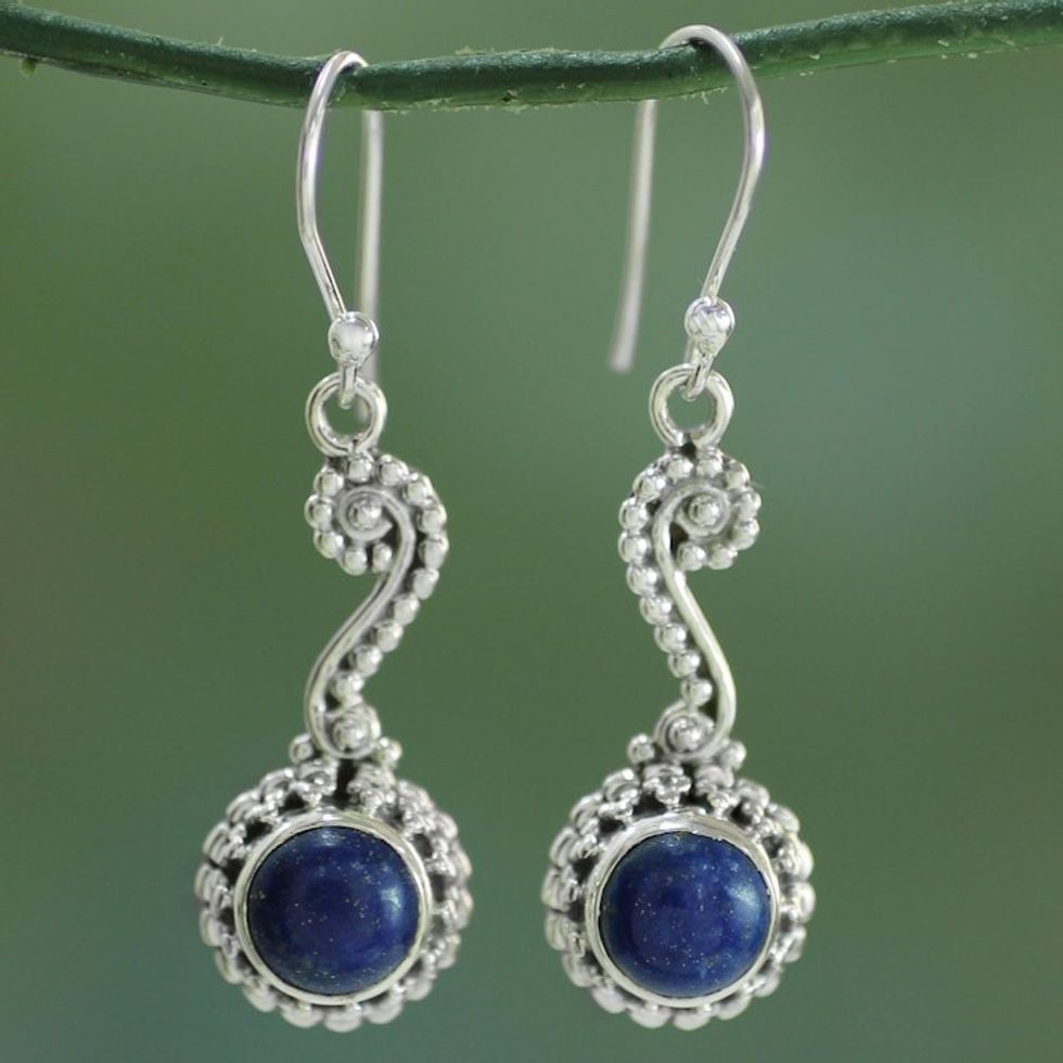 Hand Crafted Indian Lapis Lazuli Dangle Earrings 'Marina'