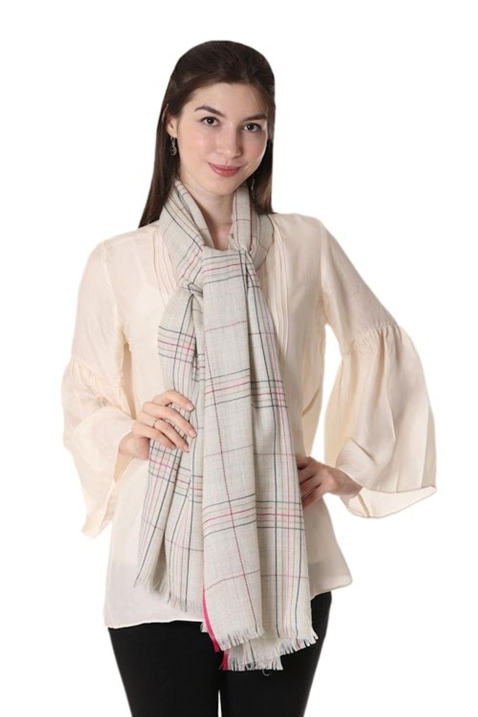 Wool Patterned Shawl in Off-White from India 'Off-White Sophistication'