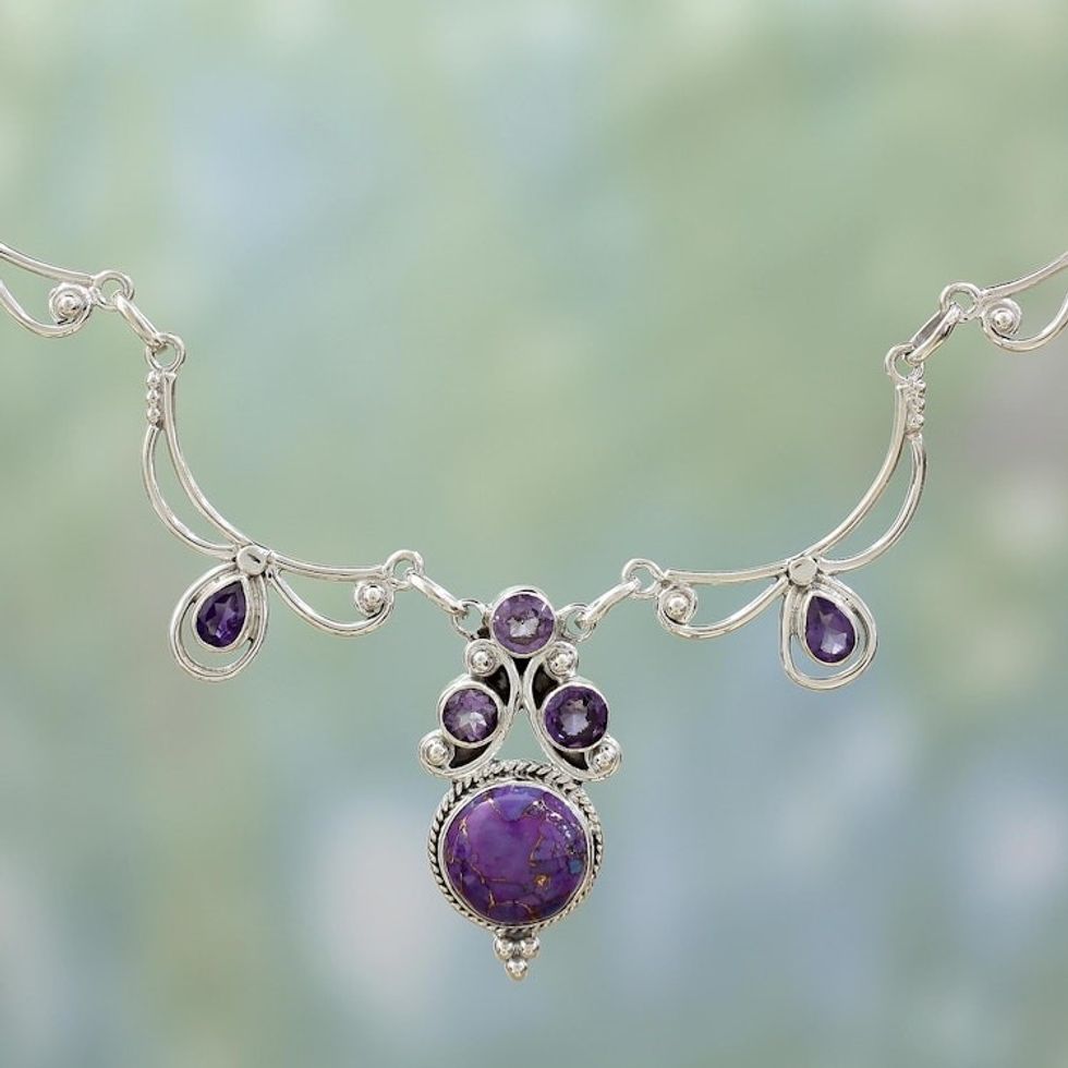 Hand Made Amethyst Turquoise Pendant Necklace from India 'Radiant Princess in Purple'