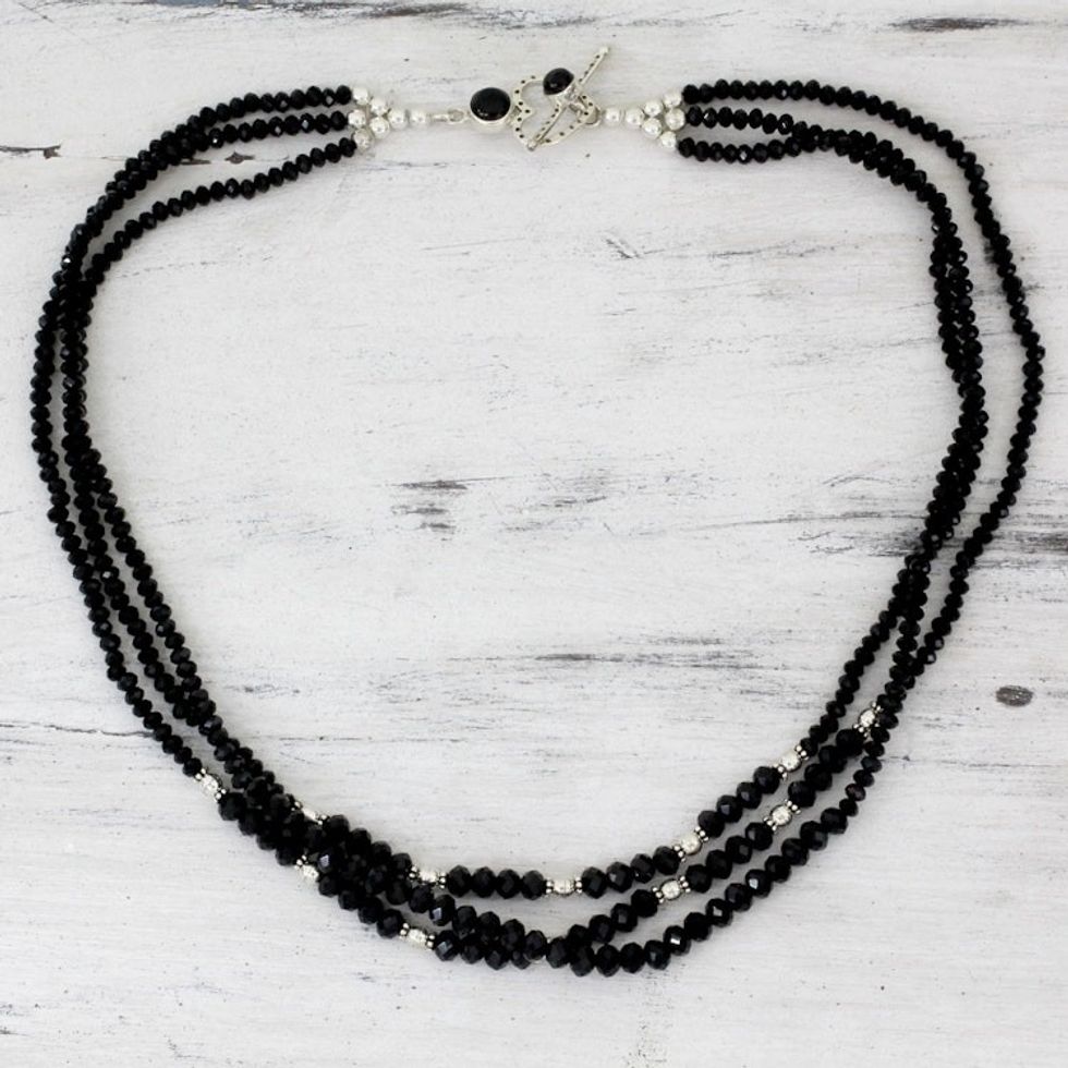 Handcrafted Black Onyx Triple Strand Necklace 'Ebony Elegance'