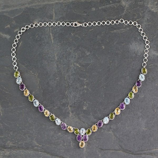 Alternate image for Handmade Silver Necklace Four Kinds of Faceted Gems Cascading Colors