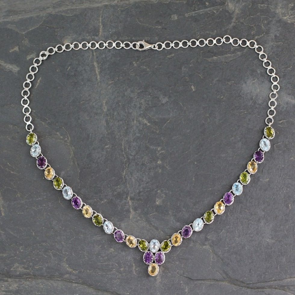 Handmade Silver Necklace Four Kinds of Faceted Gems 'Cascading Colors'