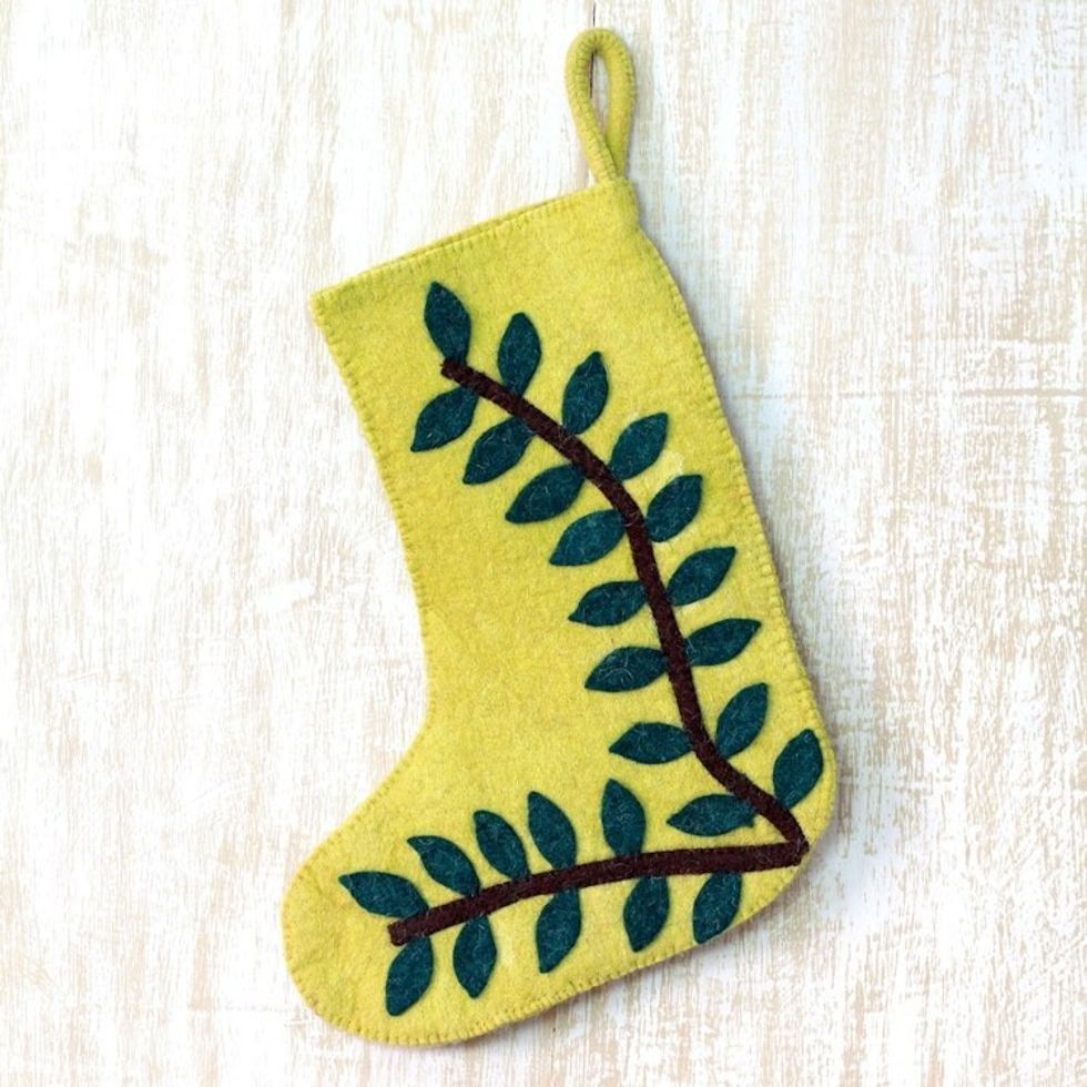 Green Wool Applique Christmas Stocking 'Tropical Holiday'