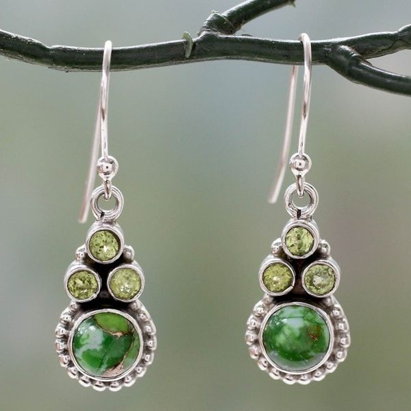 Alternate image for Sterling Silver Peridot Earrings with Composite Turquoise Petite Flowers